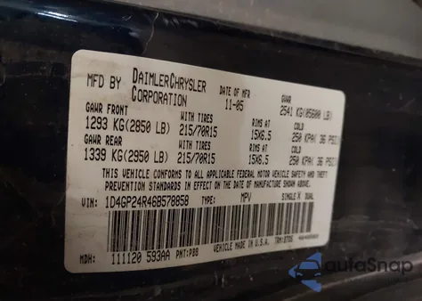 2006 Dodge Grand Caravan Se z USA, uszkodzony, nr VIN 1D4GP24R46B578858